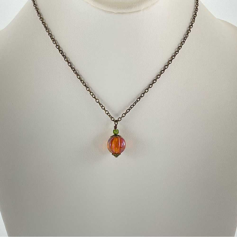 Host Pick! New Pumpkin Necklace, Handmade, Iridescent Orange & Olive Green - Picture 4 of 11